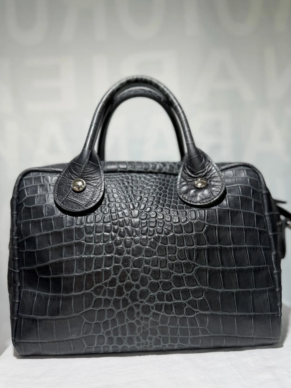 Longchamp Légende Black Gray Blue Croc-Embossed Leather Two Way Handbag